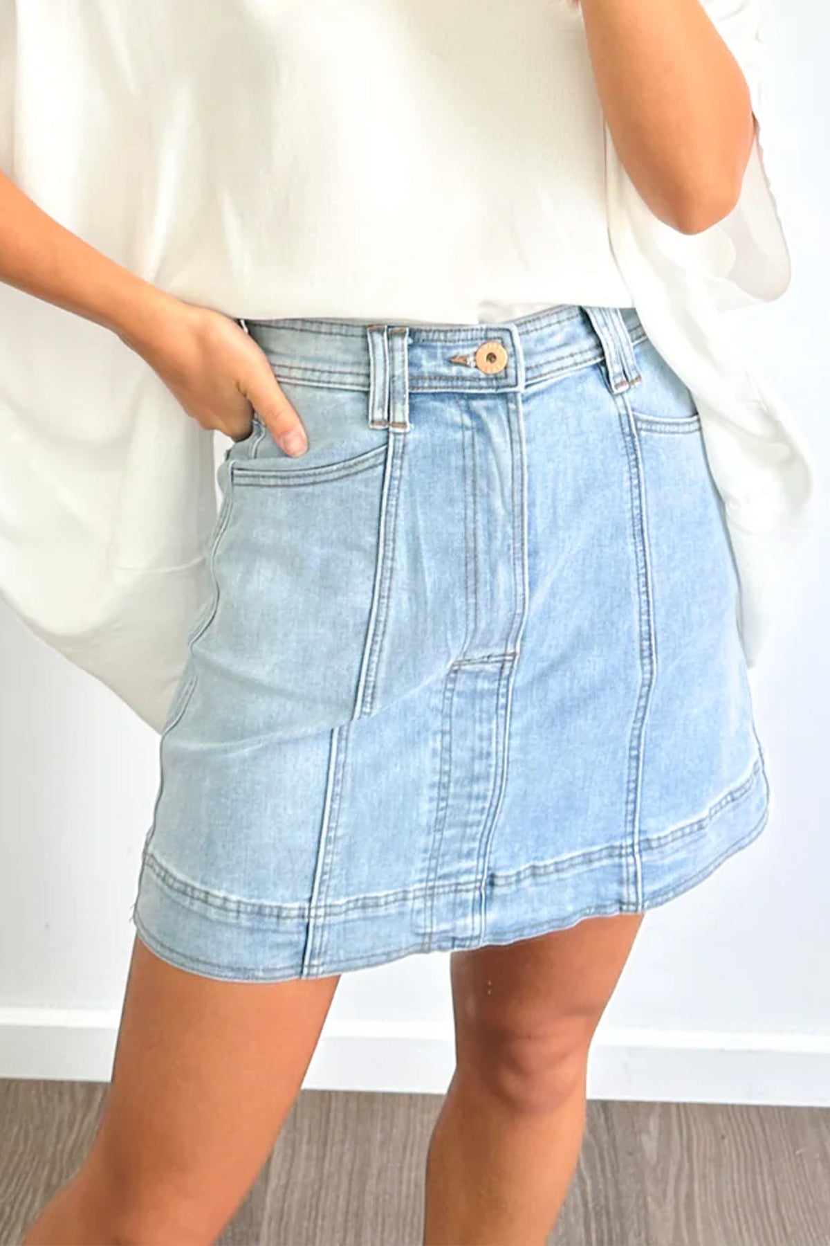 Beau Blue Exposed Seam Detail A-line Denim Mini Skirt