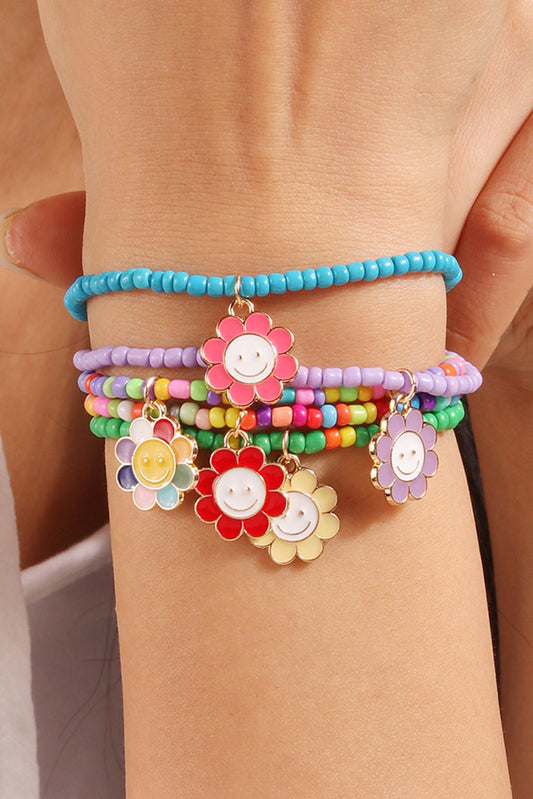 5pcs Smiley Flower Pendant Beaded Bracelet Set