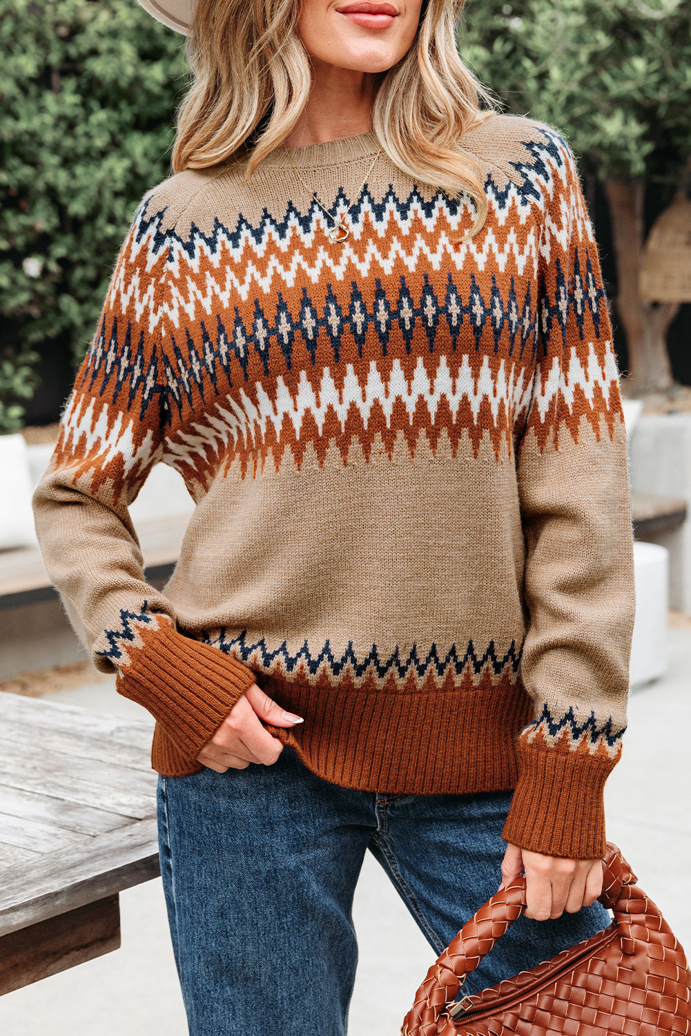Aztec Print Colorblock Crew Neck Sweater