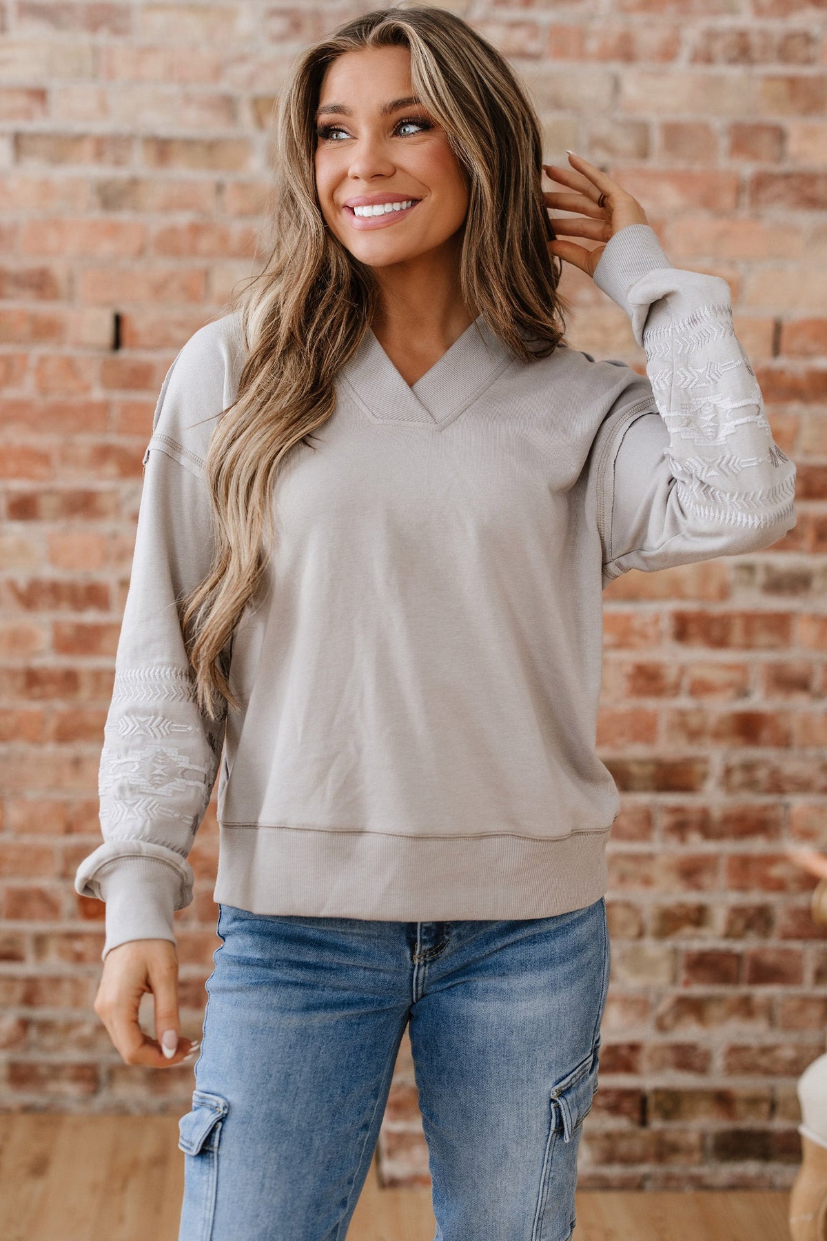 Aztec Embroidered Western V Neck Sweatshirt