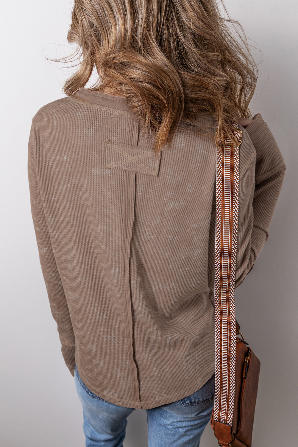 Acid Wash Waffle Knit Long Sleeve Top
