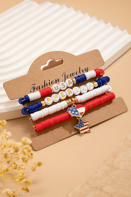American Flag Pendant Letter Beaded Bracelet Set