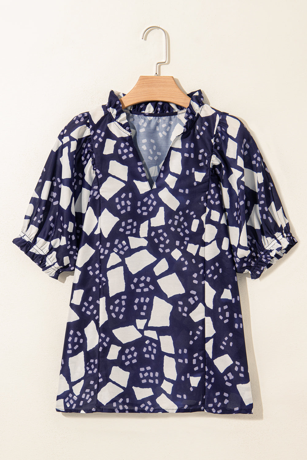 Abstract Print Frilled Puff Sleeve V Neck Blouse