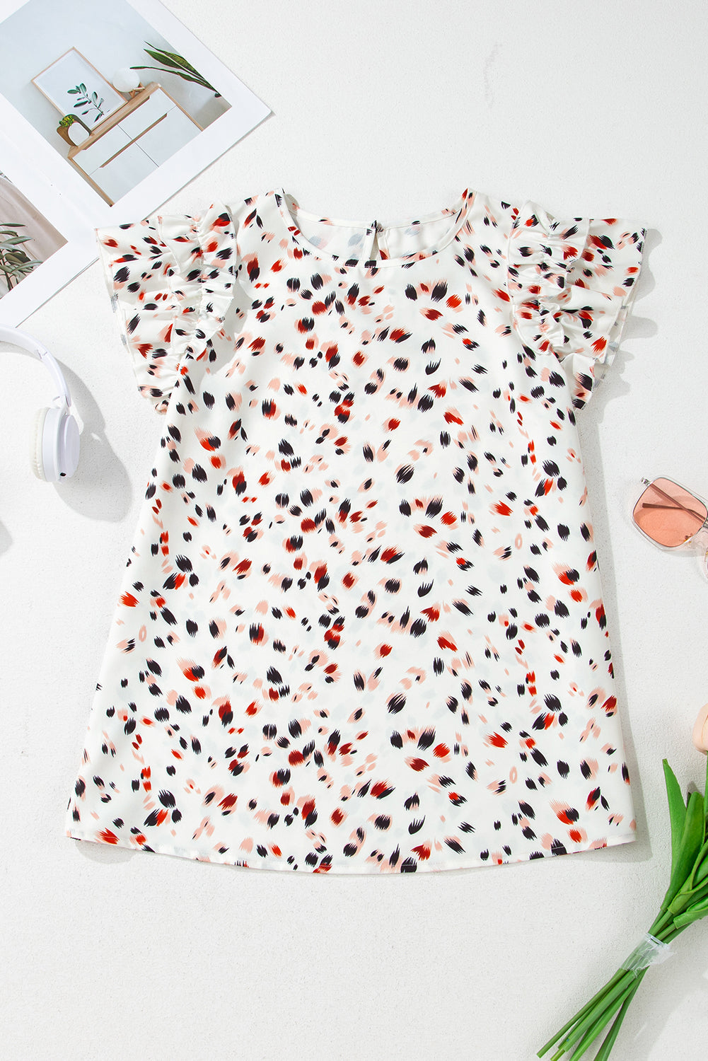Abstract Print Ruffle Flutter Sleeve Keyhole Back Slim Blouse