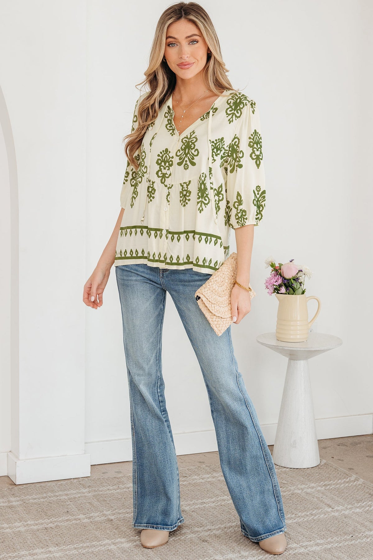 Apricot Floral Print Tie V Neck Puffy Half Sleeve Shirt