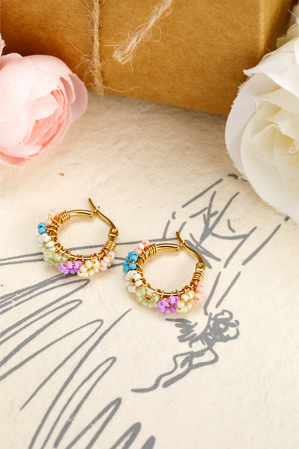 Beaded Flower Hoop Alloy Earrings