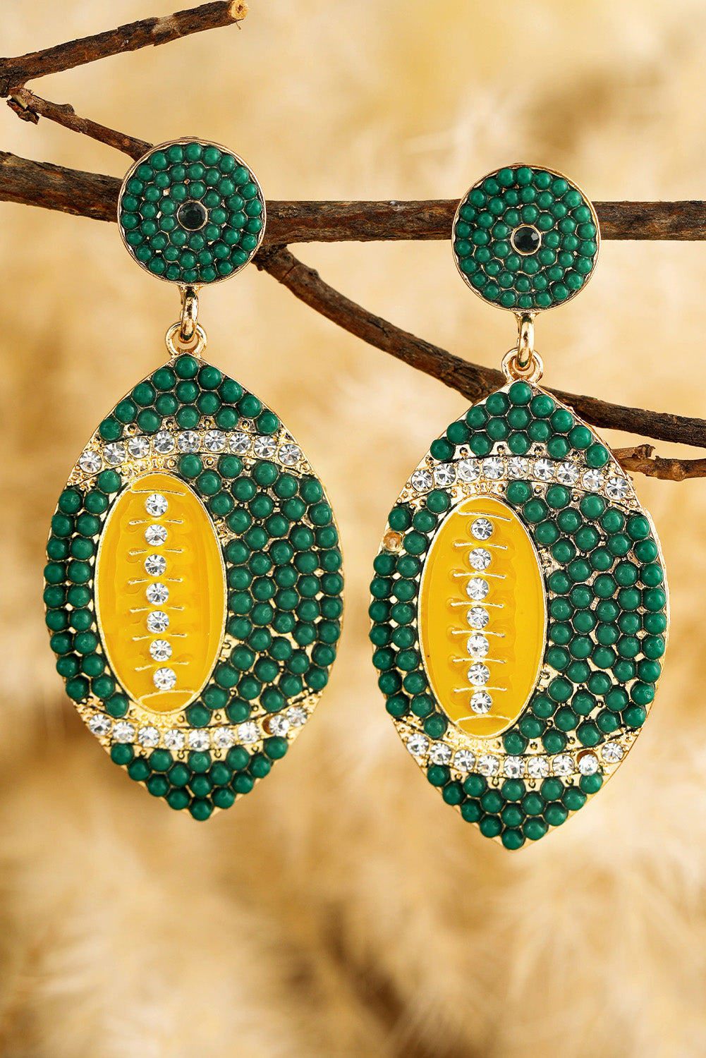 Beaded Rhinestone Rugby Football Drop Earrings