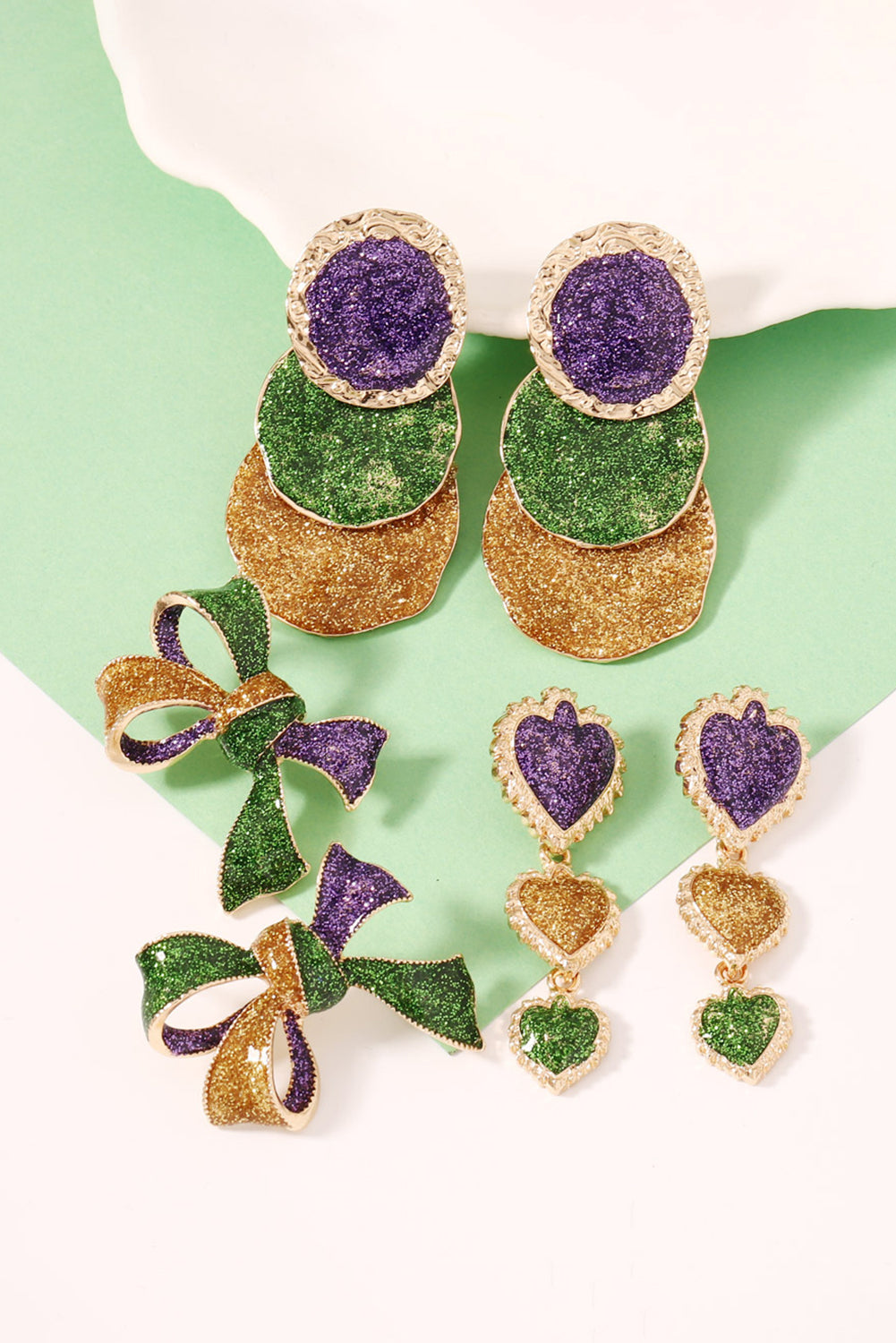 3D Mardi Gras Bow Dazzling Earrings