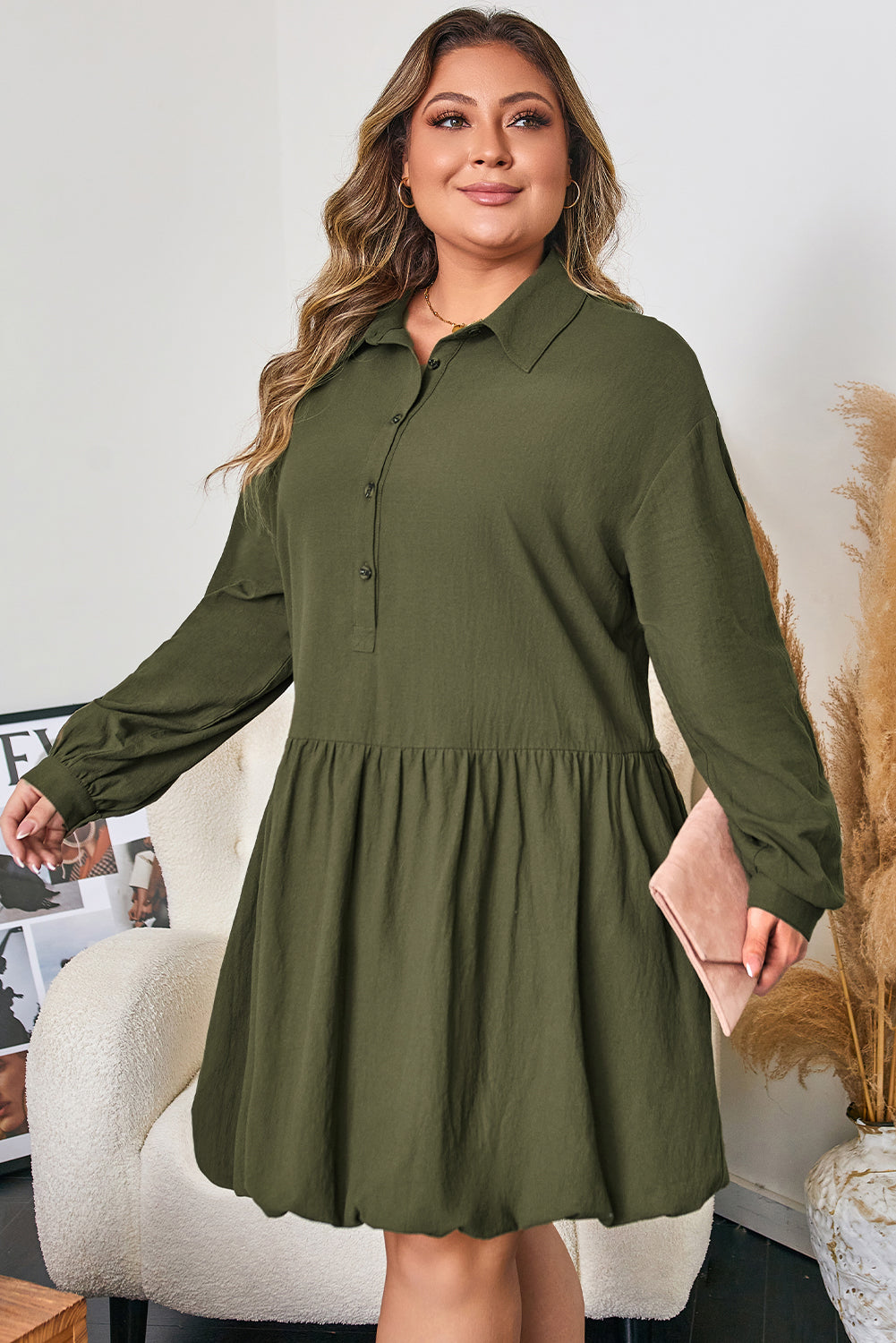 100% Cotton Green Plus Size Long Sleeve Ruffle Hem Mini Dress