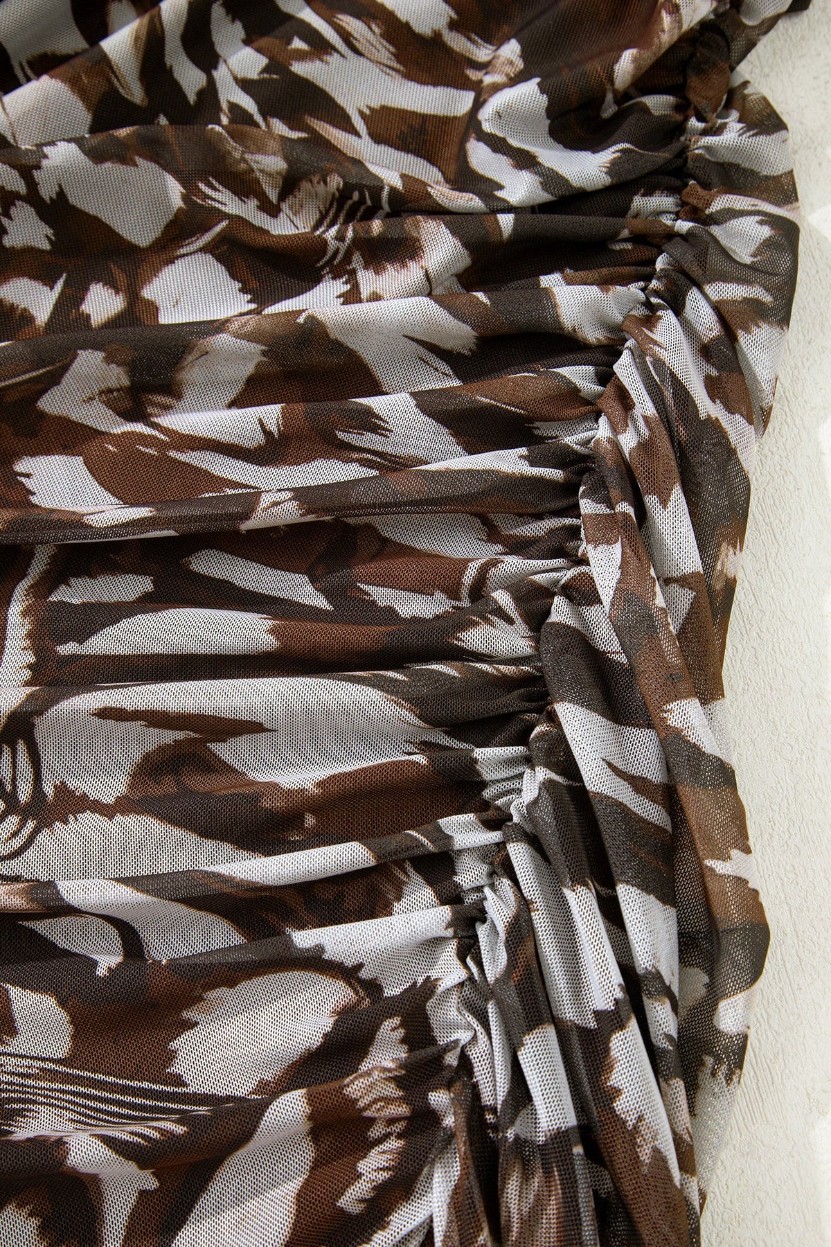Abstract Print Mesh Cowl Neck Cap Sleeve Ruched Midi Dress with Slit