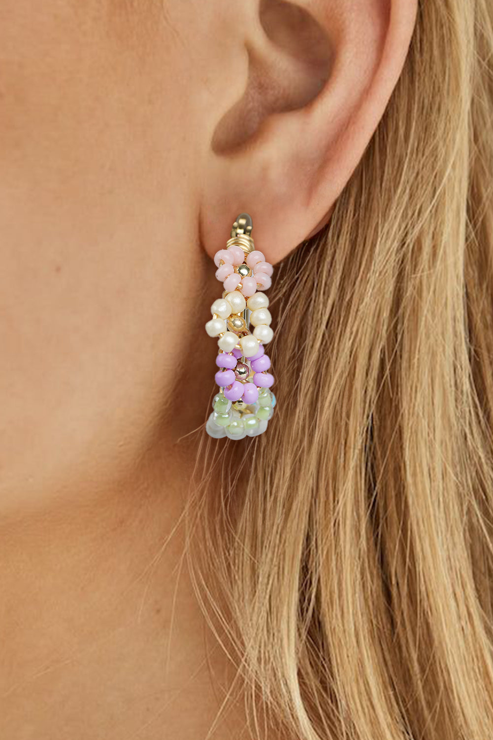Beaded Flower Hoop Alloy Earrings