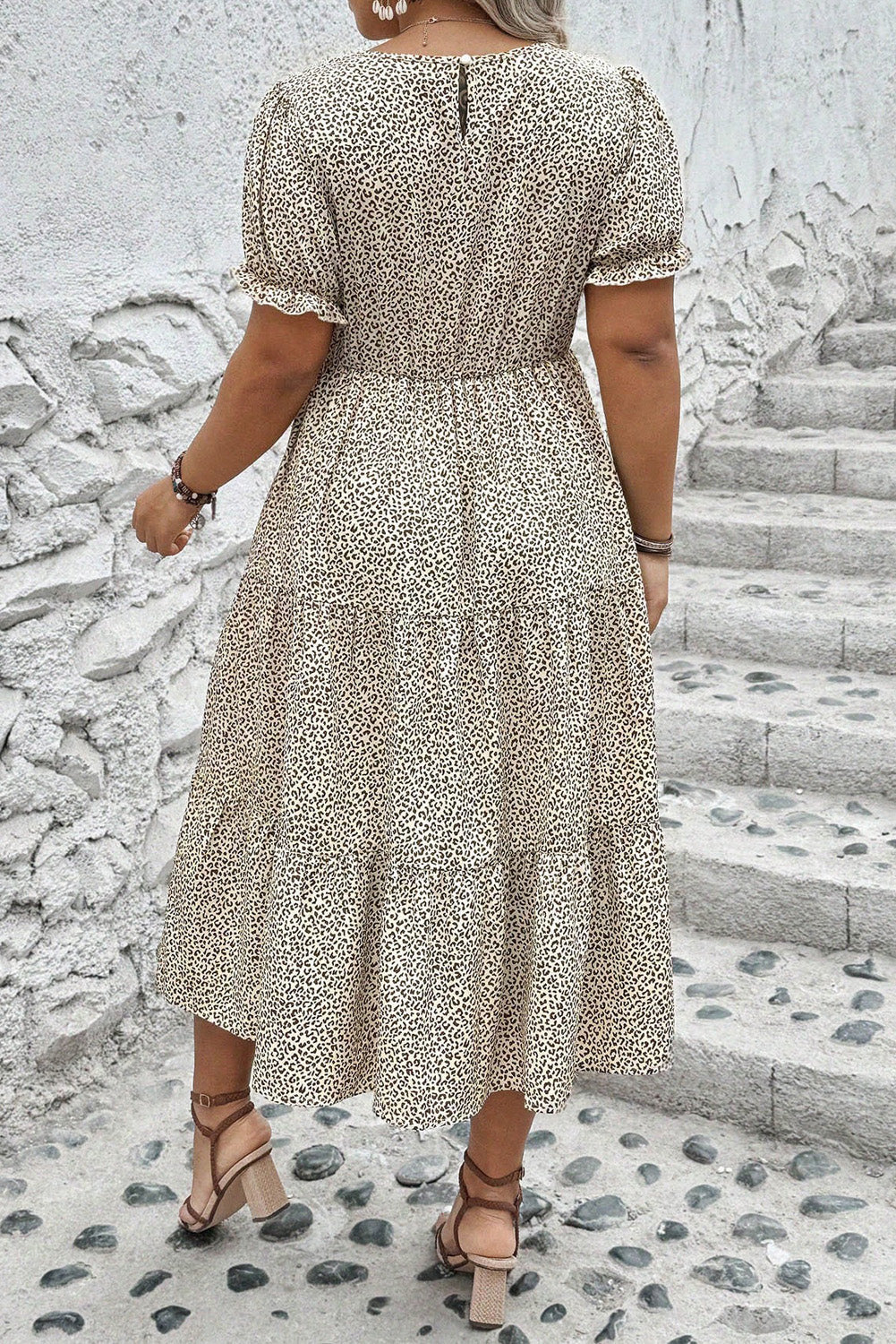 Beige Plus Size Leopard Print Short Sleeve Flared Dress