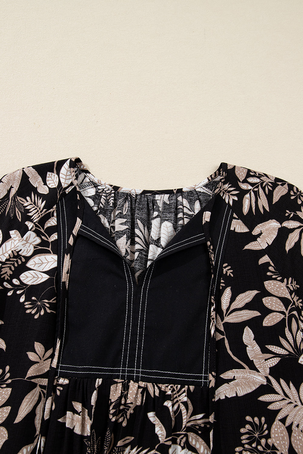 3/4 Sleeve Botanical Print Split Neck Loose Mini Dress