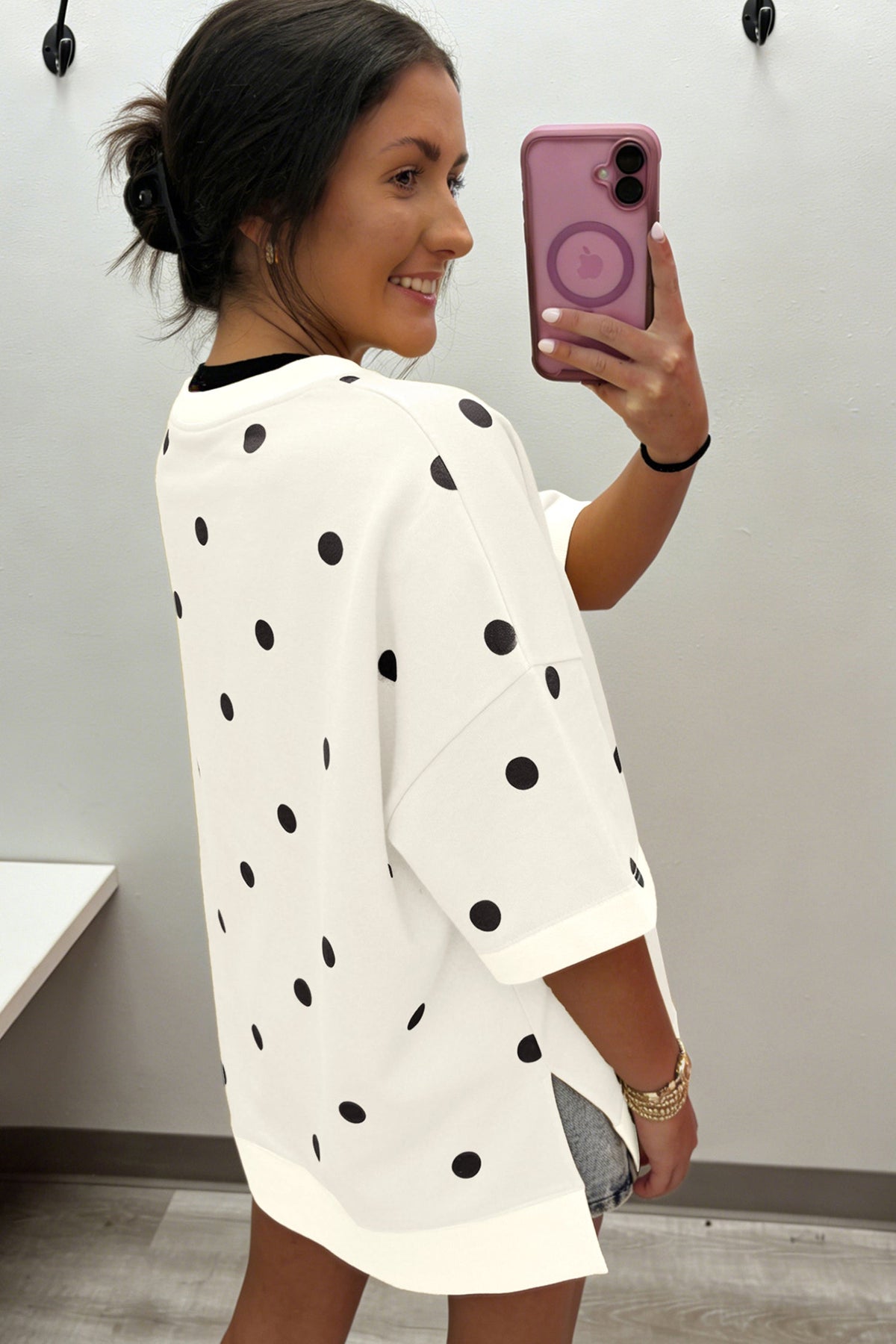 Beige Polka Dot Print Crossed Seam Detail Oversize Tee