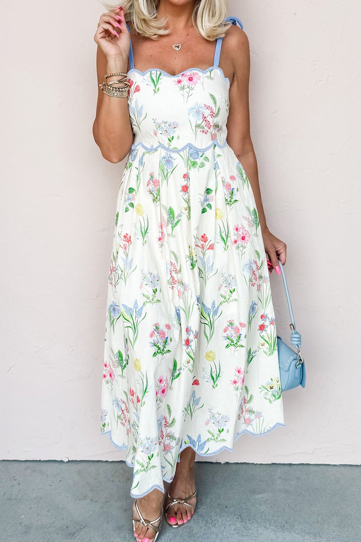 Beige Floral Print Straps High Waist Midi Dress