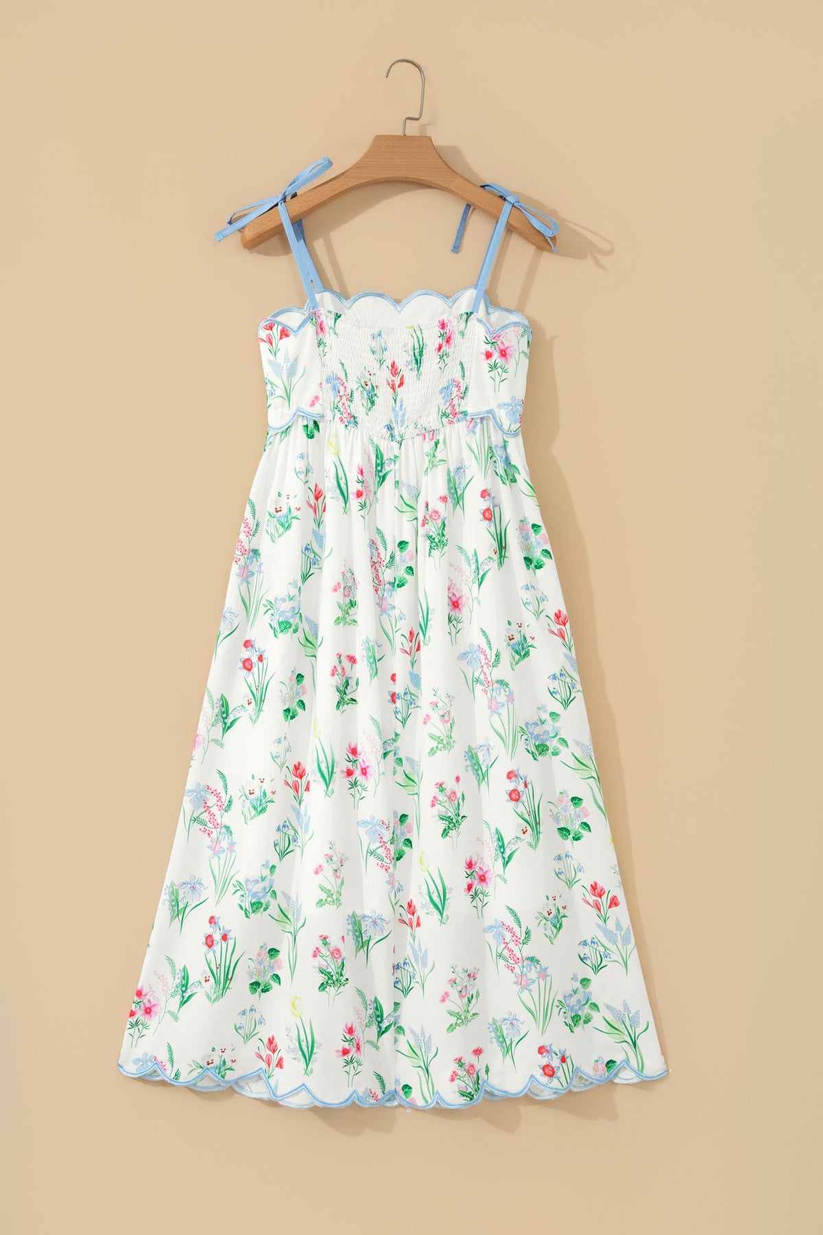 Beige Floral Print Straps High Waist Midi Dress