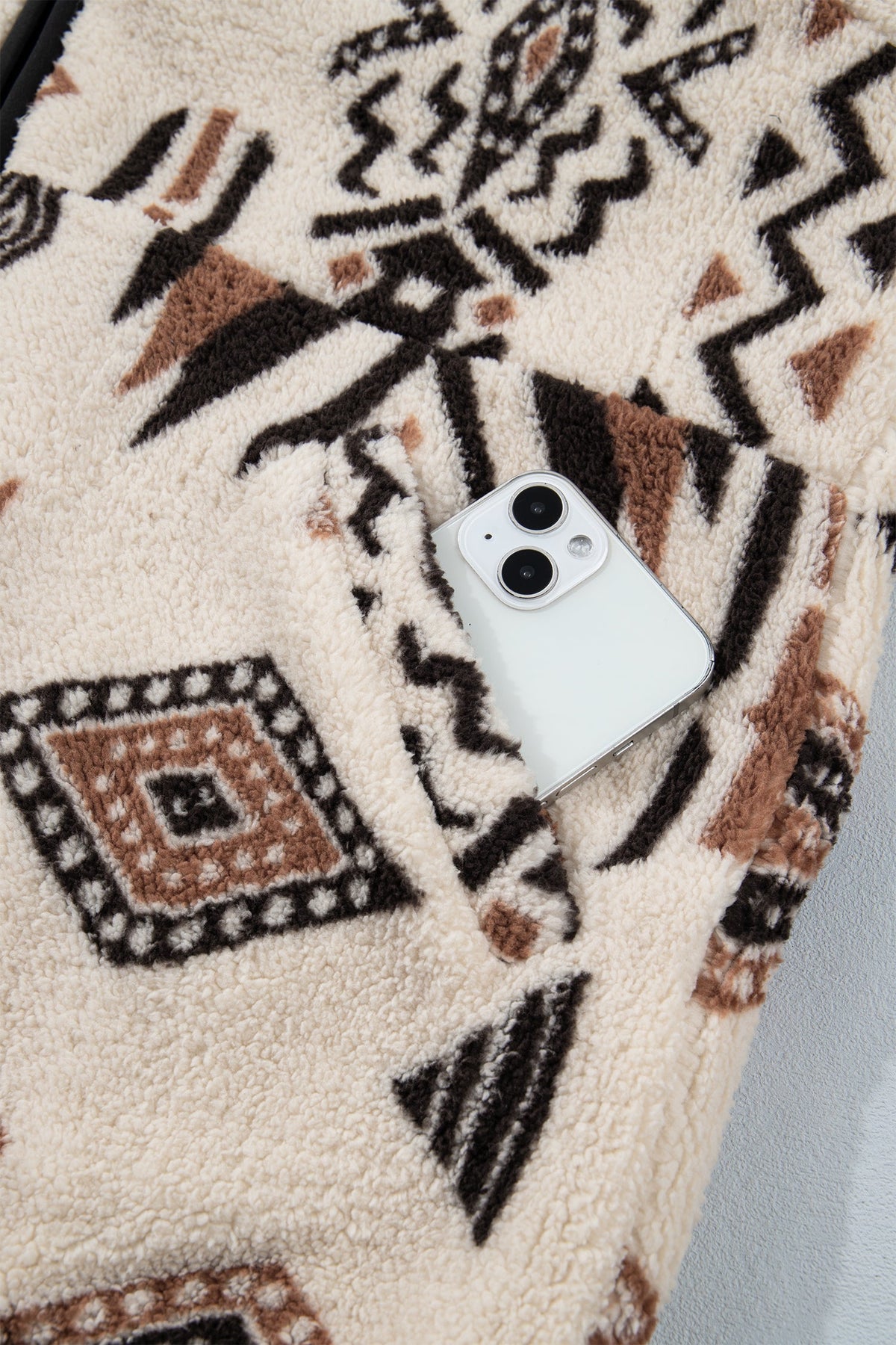 Beige Geometric Print Zip-up Placket Binding Tape Jacket