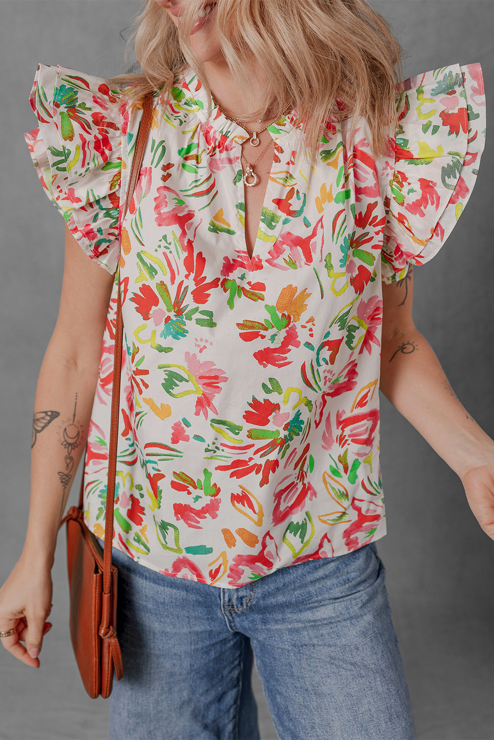 Allover Floral Printed Flutter Sleeve Split Neck Blouse