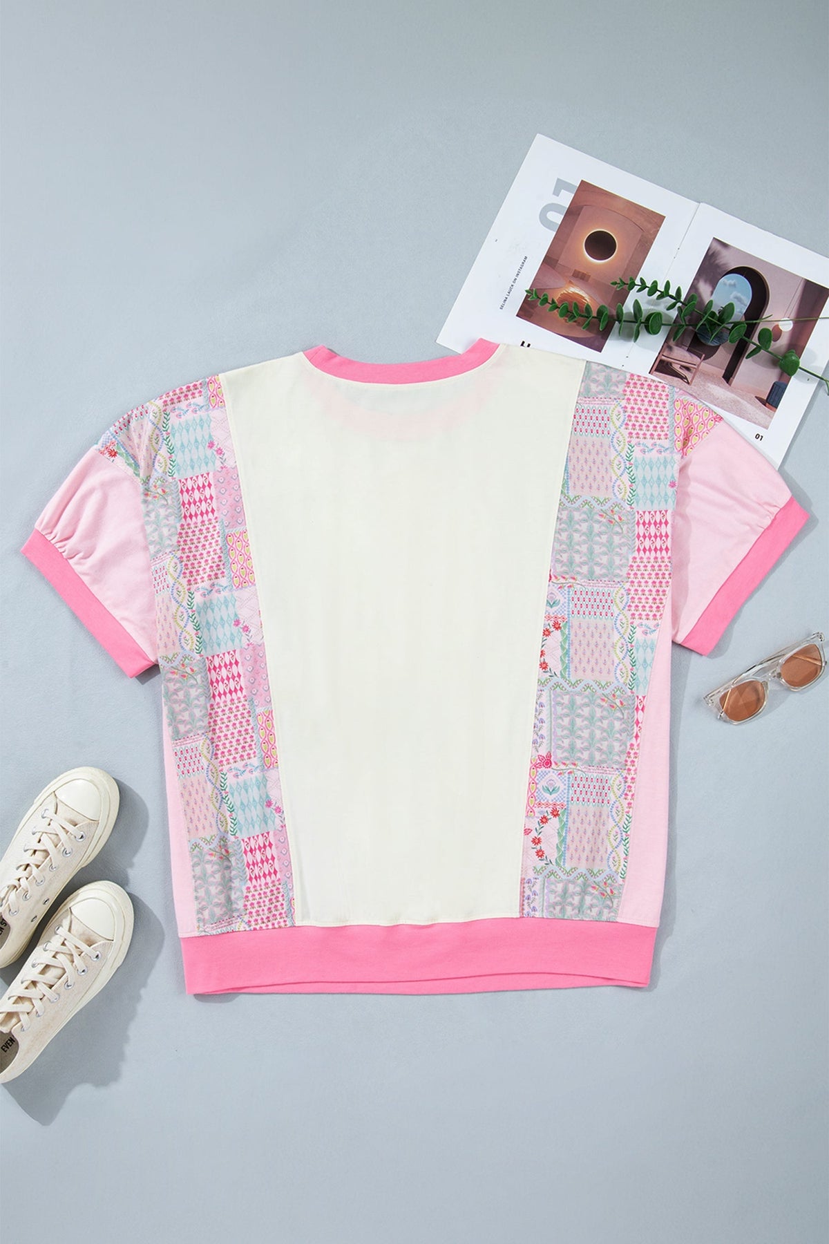 Beige Plus Size Floral Patchwork Short Sleeve Patch Embroidery Cotton T Shirt