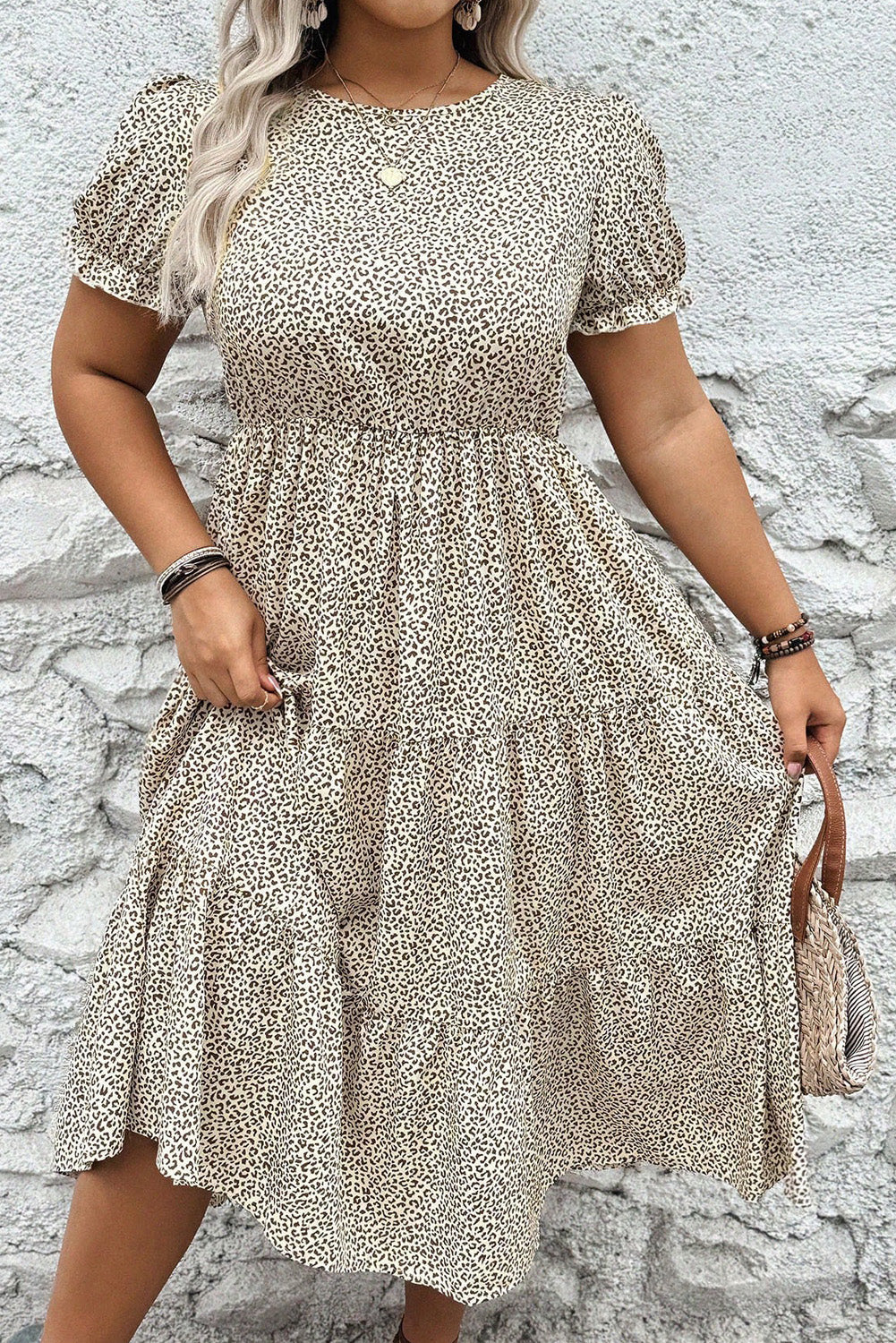 Beige Plus Size Leopard Print Short Sleeve Flared Dress