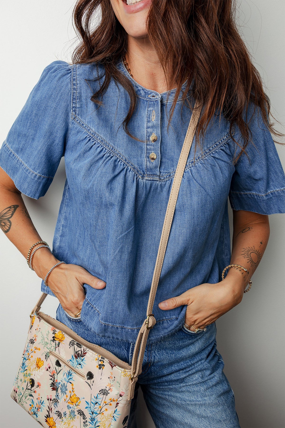 Beau Blue Seam Pleated Detail Short Sleeve Denim Top