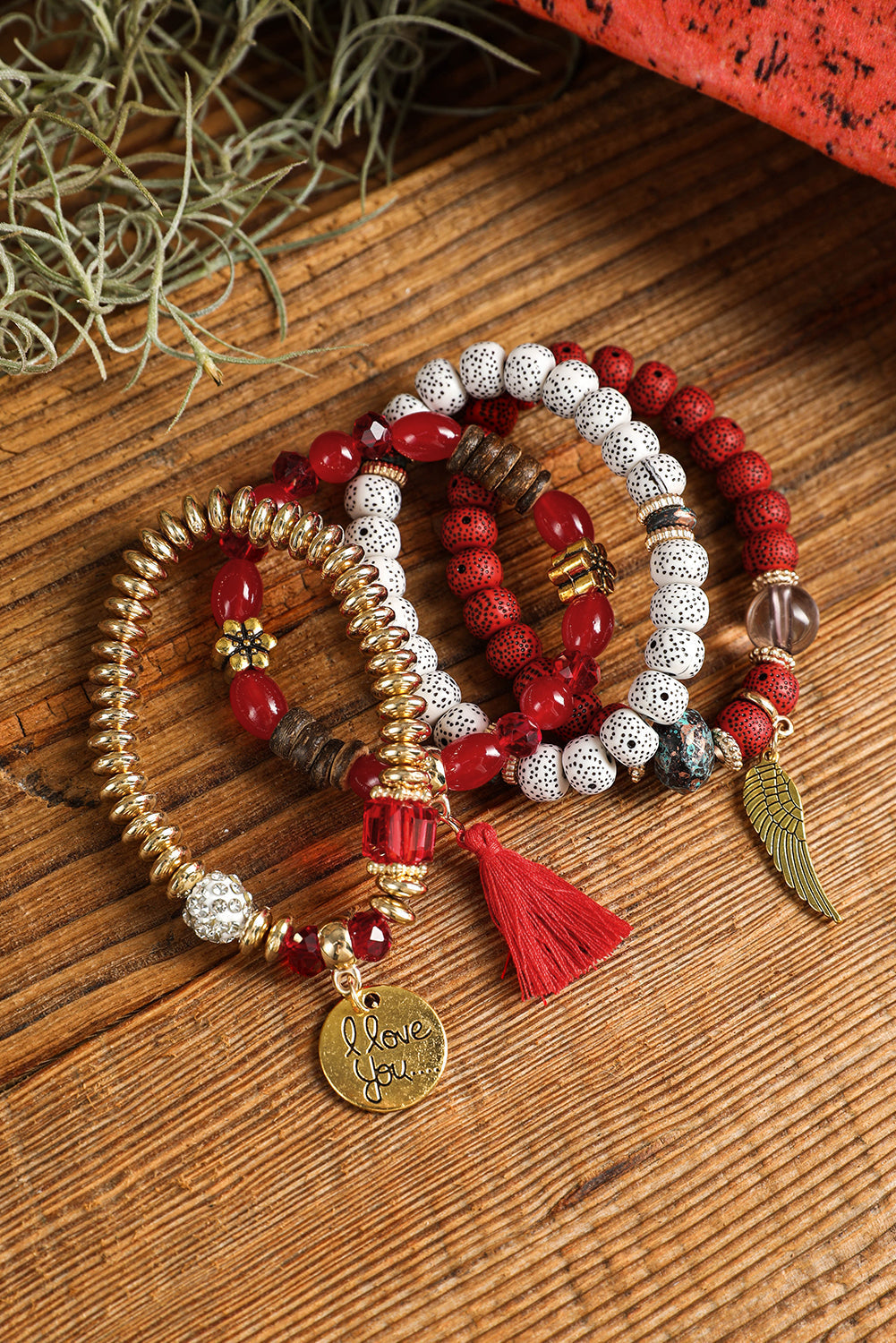 4pcs Boho Disc Tassel Wing Pendant Beaded Bracelet Set