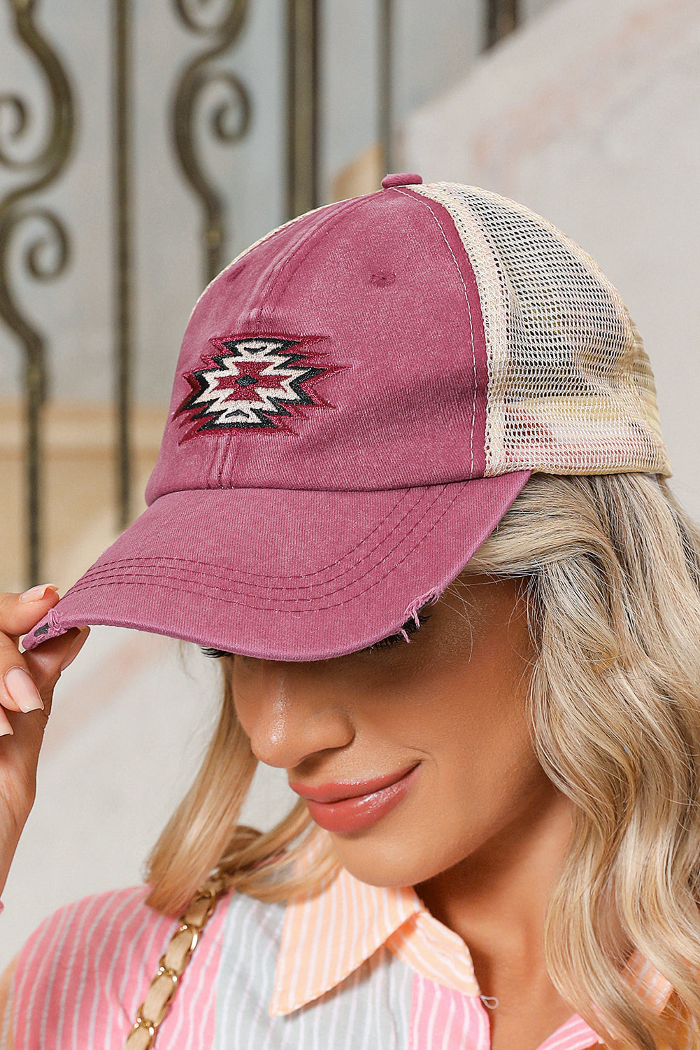 Aztec Pattern Cotton Distressed Baseball Cap