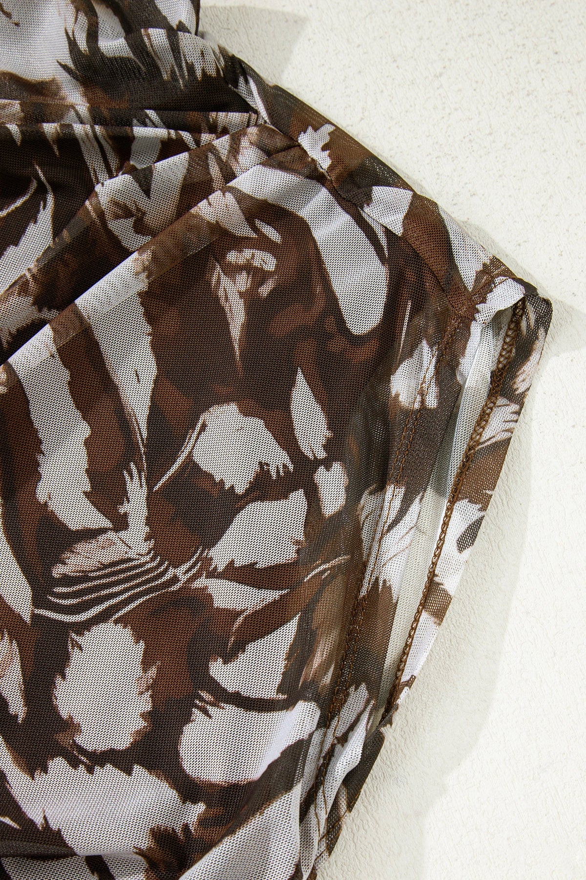 Abstract Print Mesh Cowl Neck Cap Sleeve Ruched Midi Dress with Slit