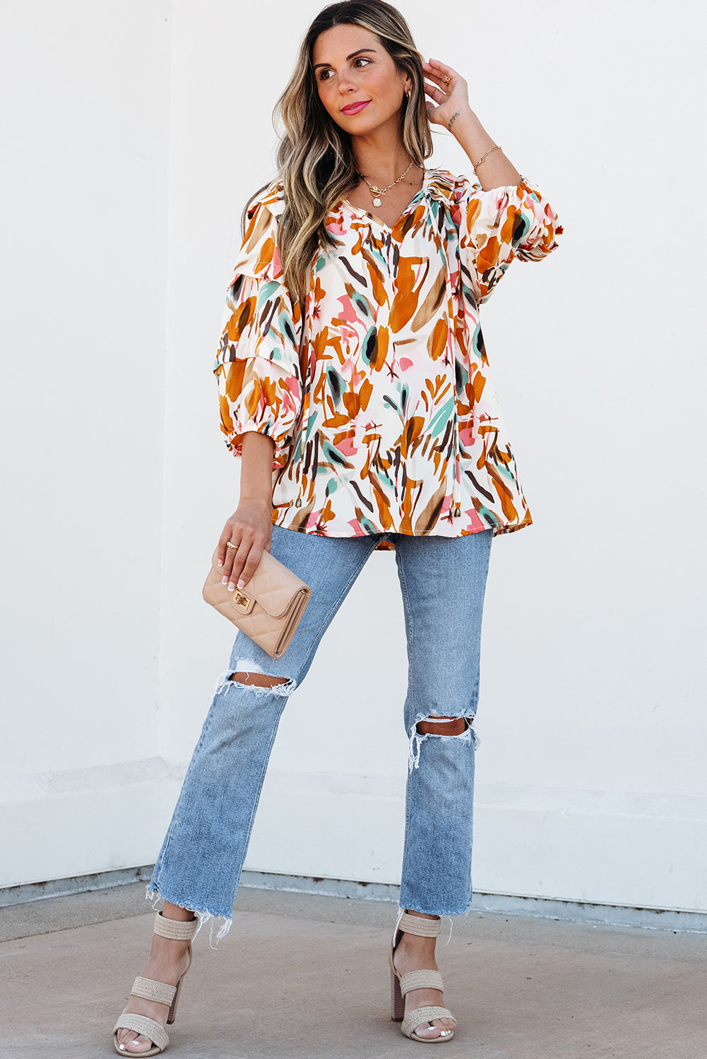 Abstract Print Drawstring 3/4 Sleeve Blouse