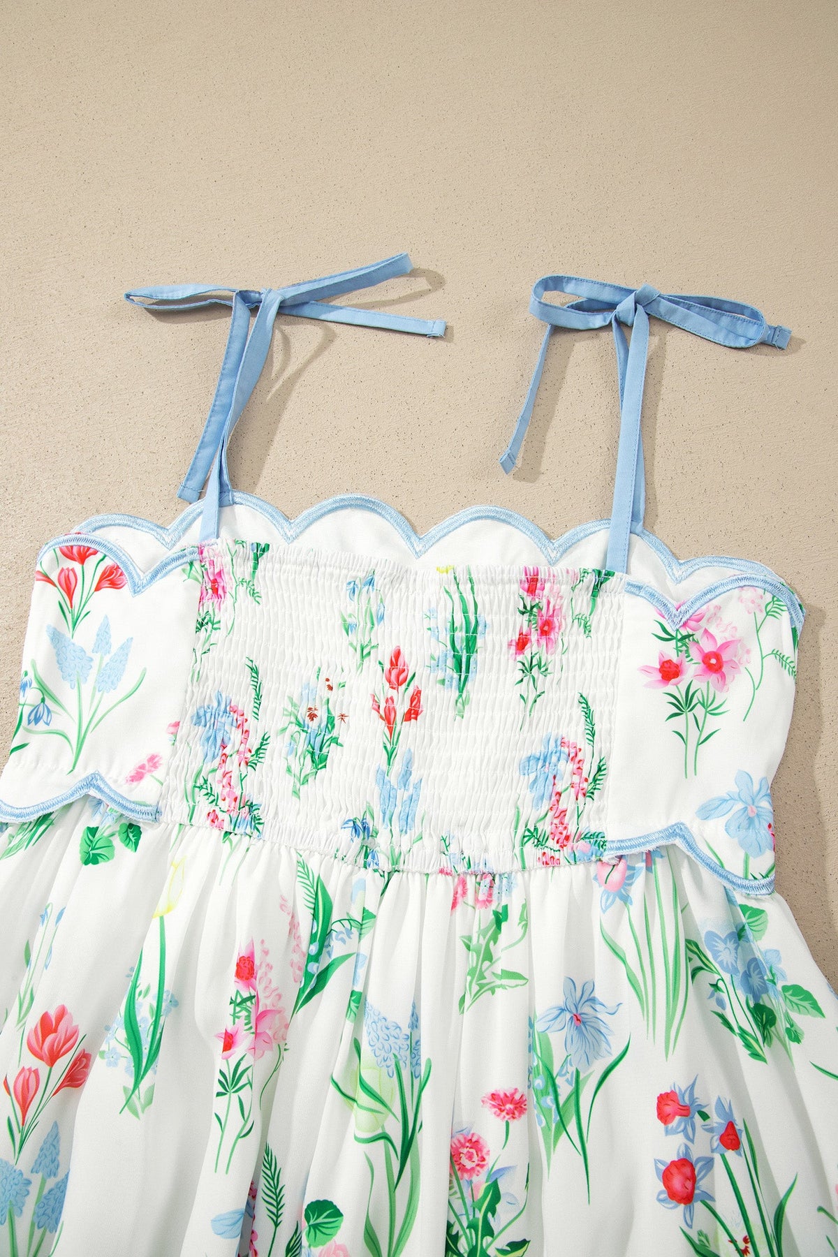 Beige Floral Print Straps High Waist Midi Dress
