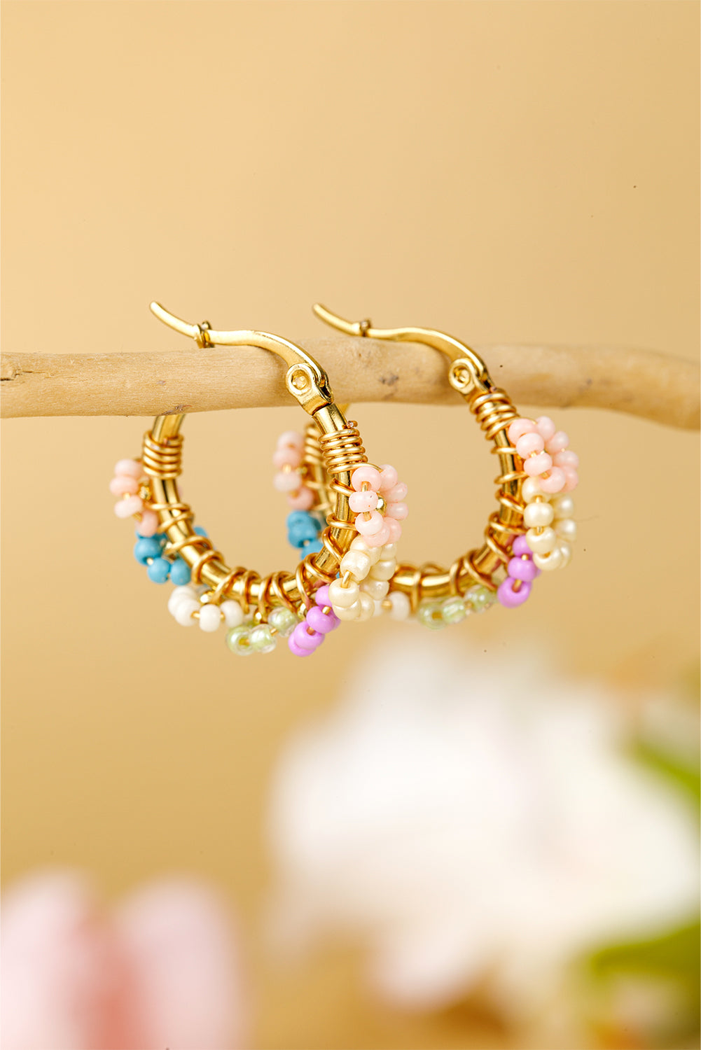 Beaded Flower Hoop Alloy Earrings