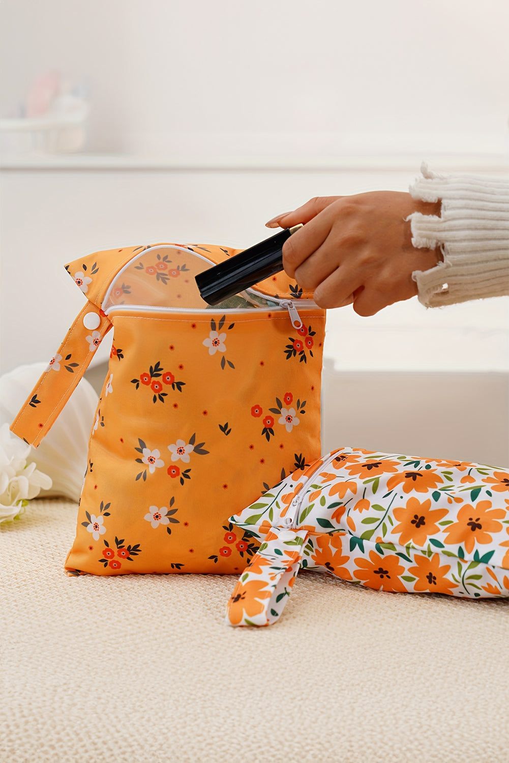 2pcs Floral Print Zip Canvas Bag