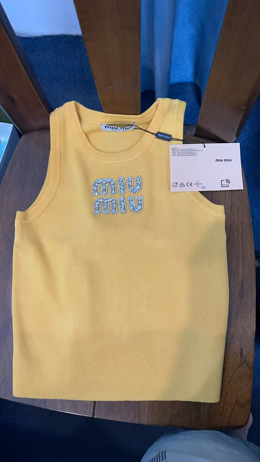 Miu Miu White Ribbed Tank Top with Yellow Crysta
