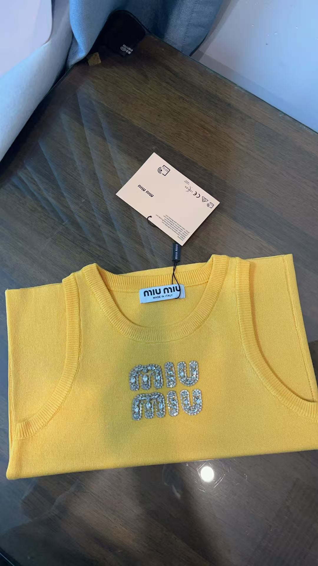 Miu Miu White Ribbed Tank Top with Yellow Crysta