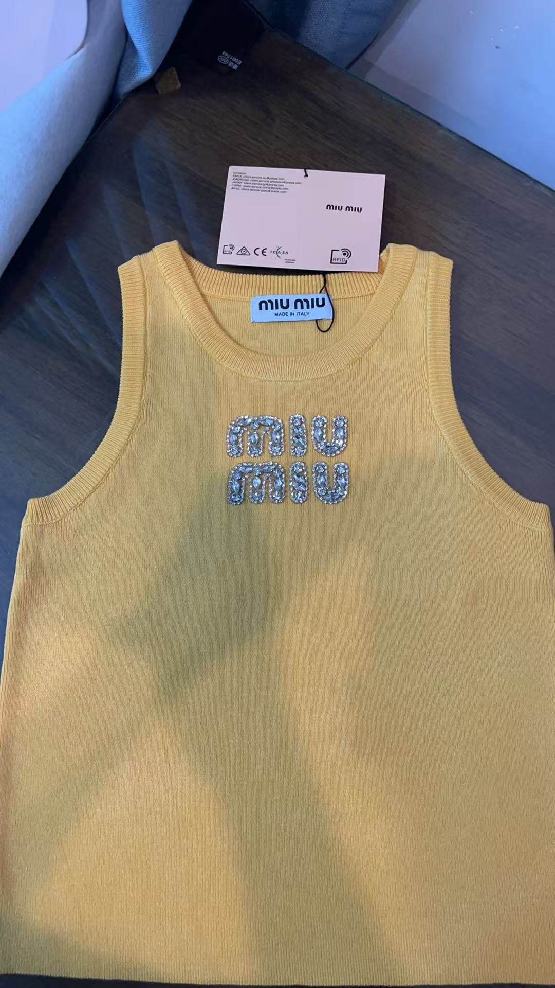 Miu Miu White Ribbed Tank Top with Yellow Crysta