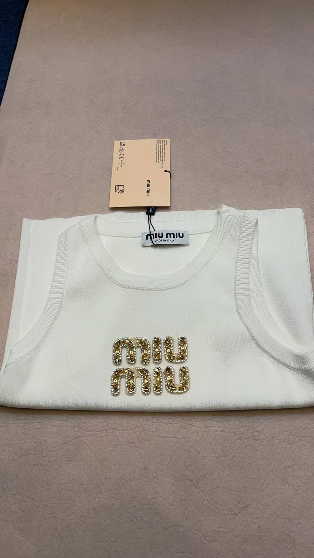 Miu Miu White Ribbed Tank Top with Gold Crystal
