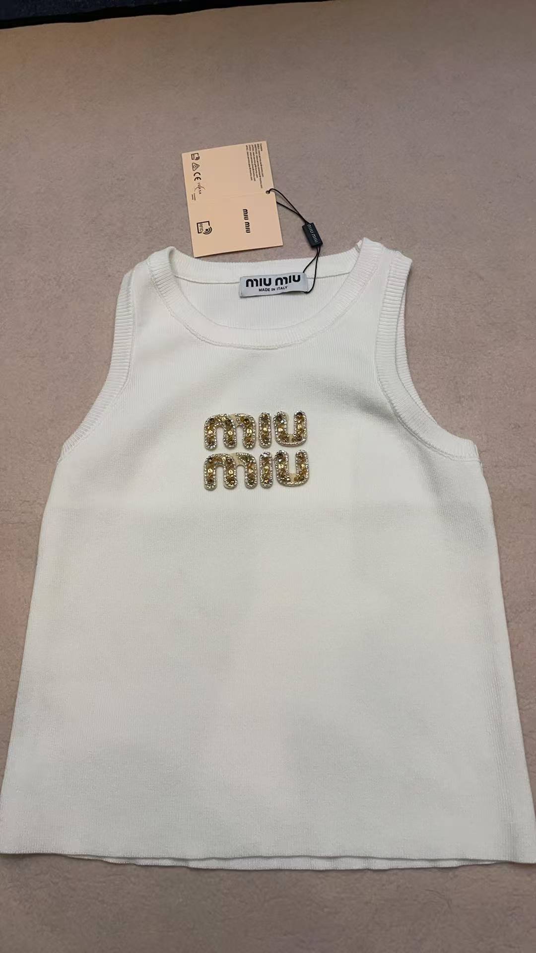 Miu Miu White Ribbed Tank Top with Gold Crystal