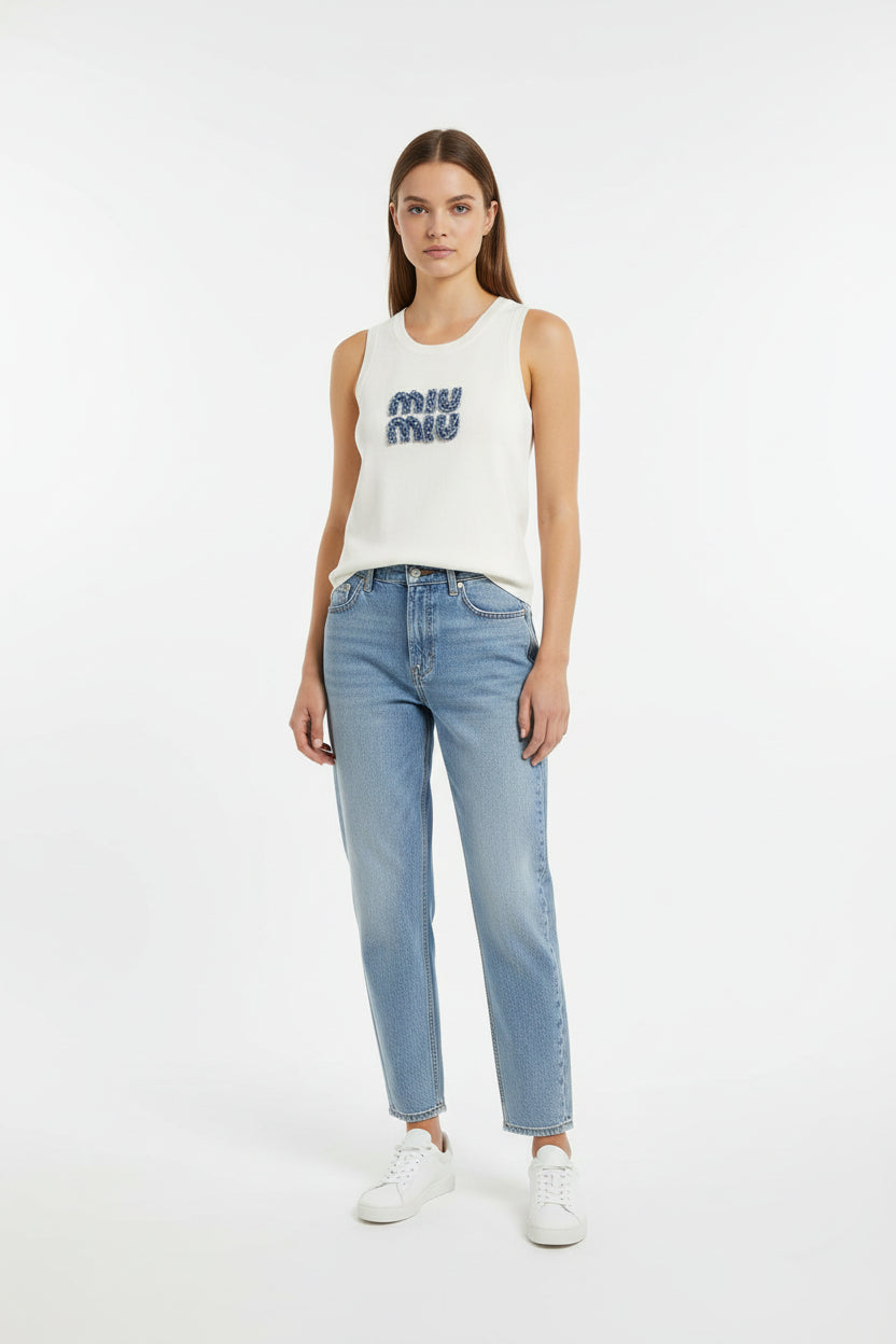 Miu Miu White Ribbed Tank Top