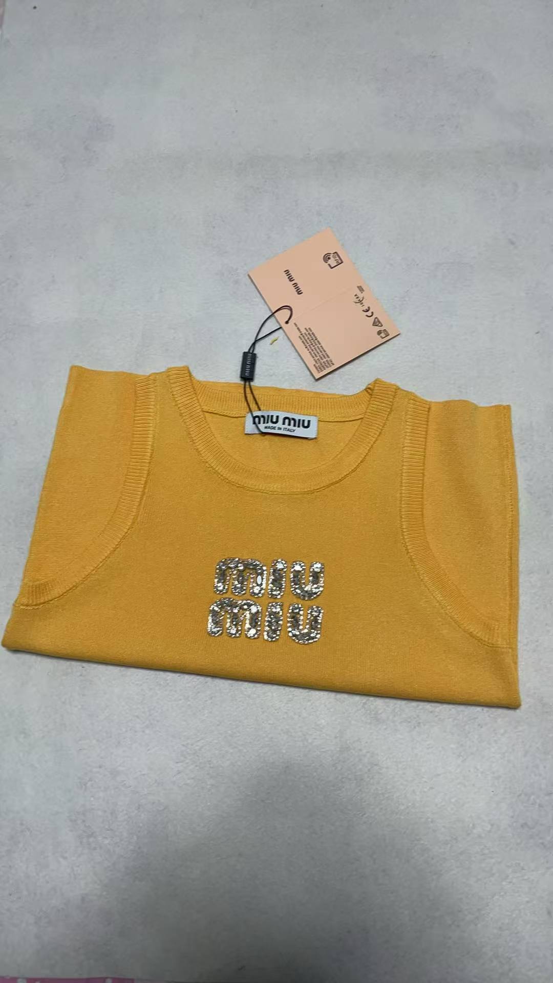Miu Miu White Ribbed Tank Top with Yellow  Crysta
