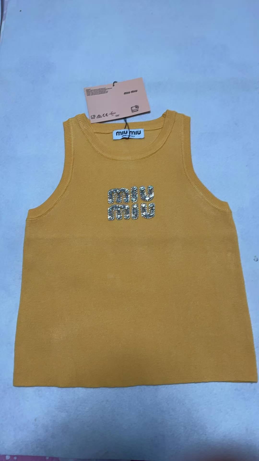 Miu Miu White Ribbed Tank Top with Yellow  Crysta