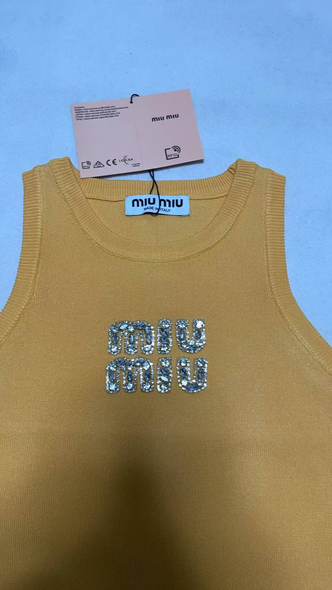 Miu Miu White Ribbed Tank Top with Yellow  Crysta