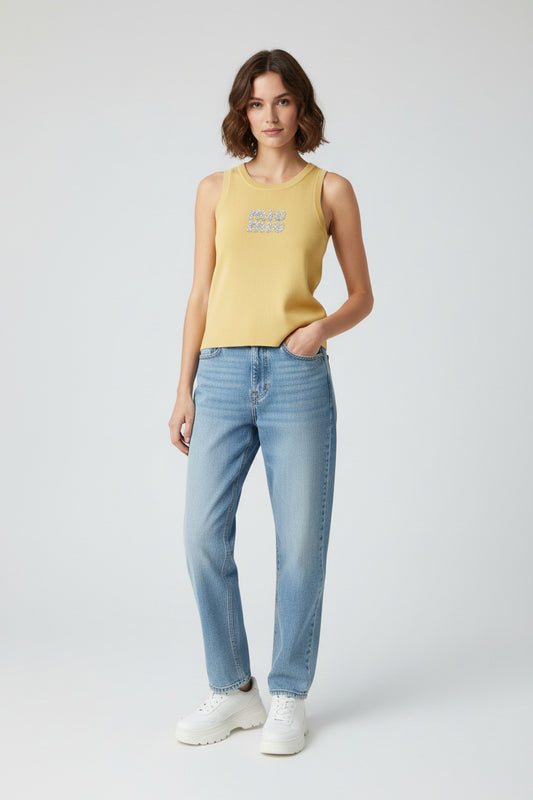 Miu Miu White Ribbed Tank Top with Yellow  Crysta